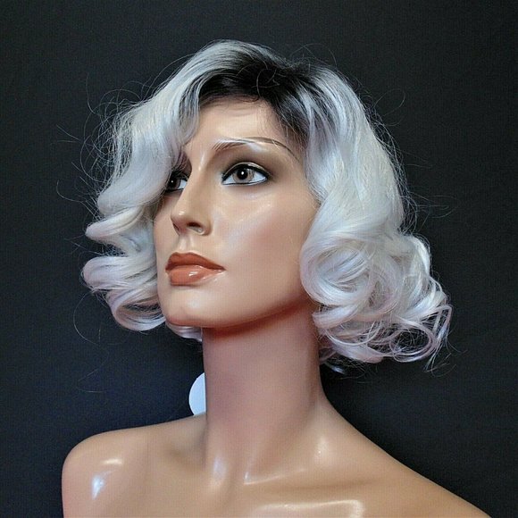 New Short Black & White Ombre Curly Wig main image 5